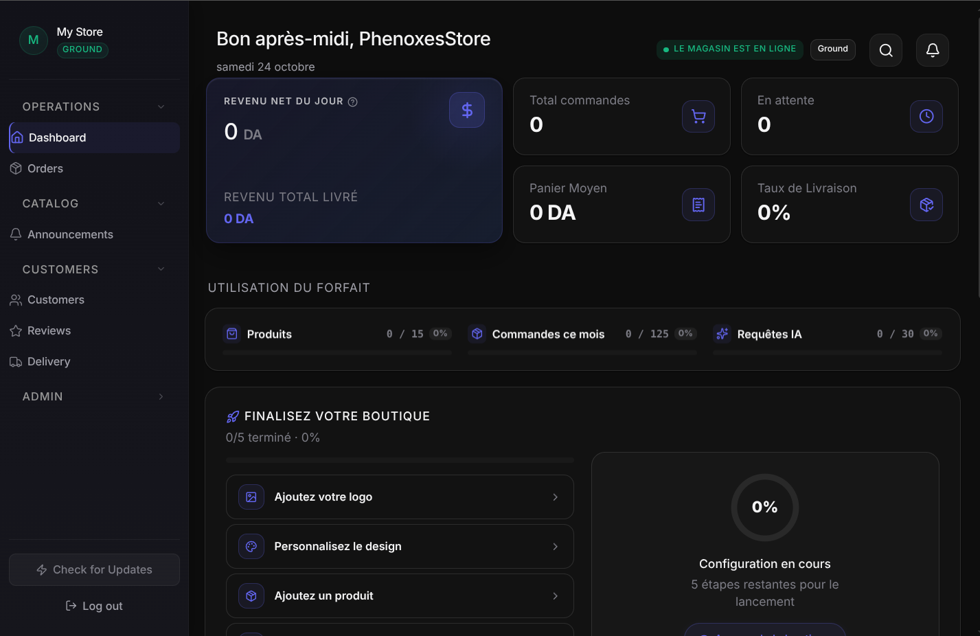 PHENOXES — merchant admin back-office screenshot